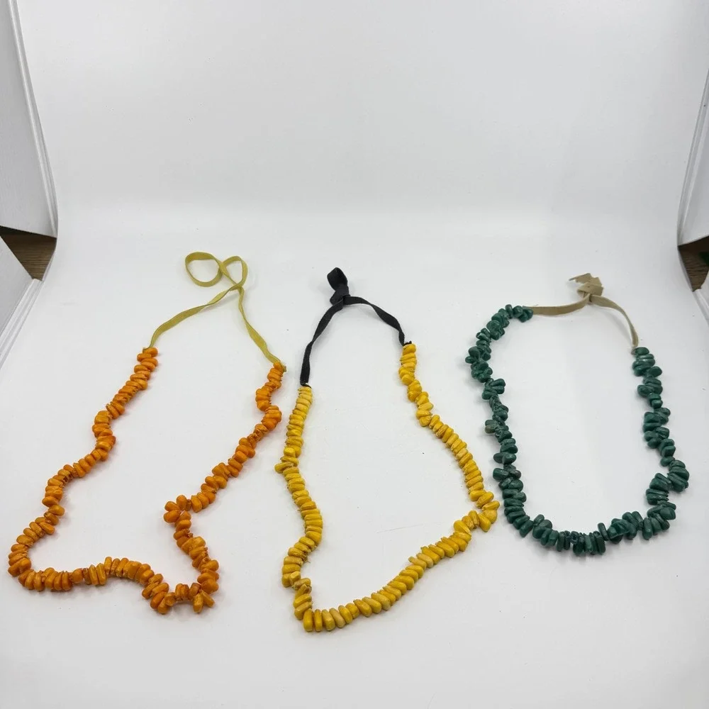 Necklace Lot 3 Vintage Boho Statement Chunky Bead Ribbon Tie Orange Yellow Green